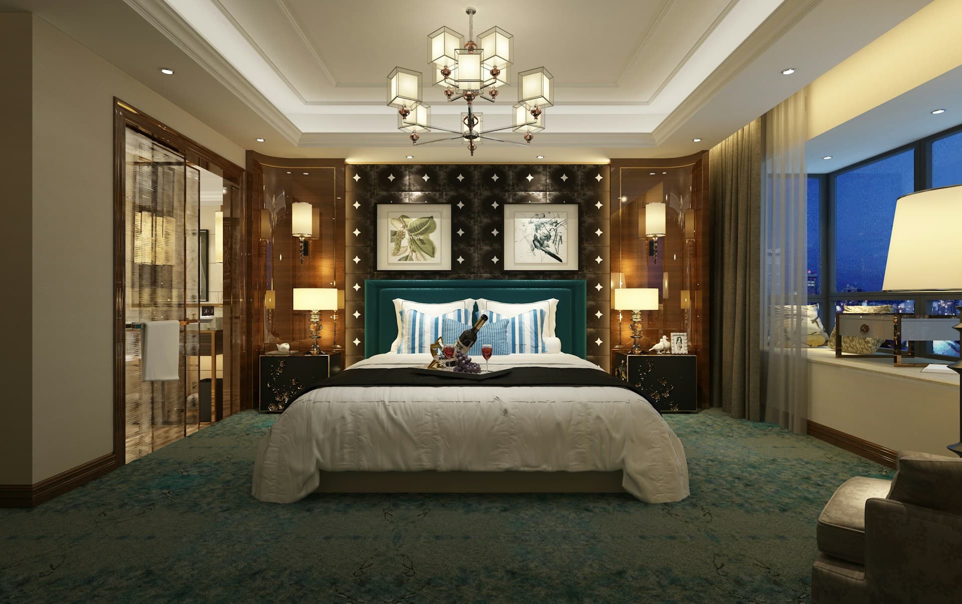 Elegant hotel living room with green sofa and modern decor